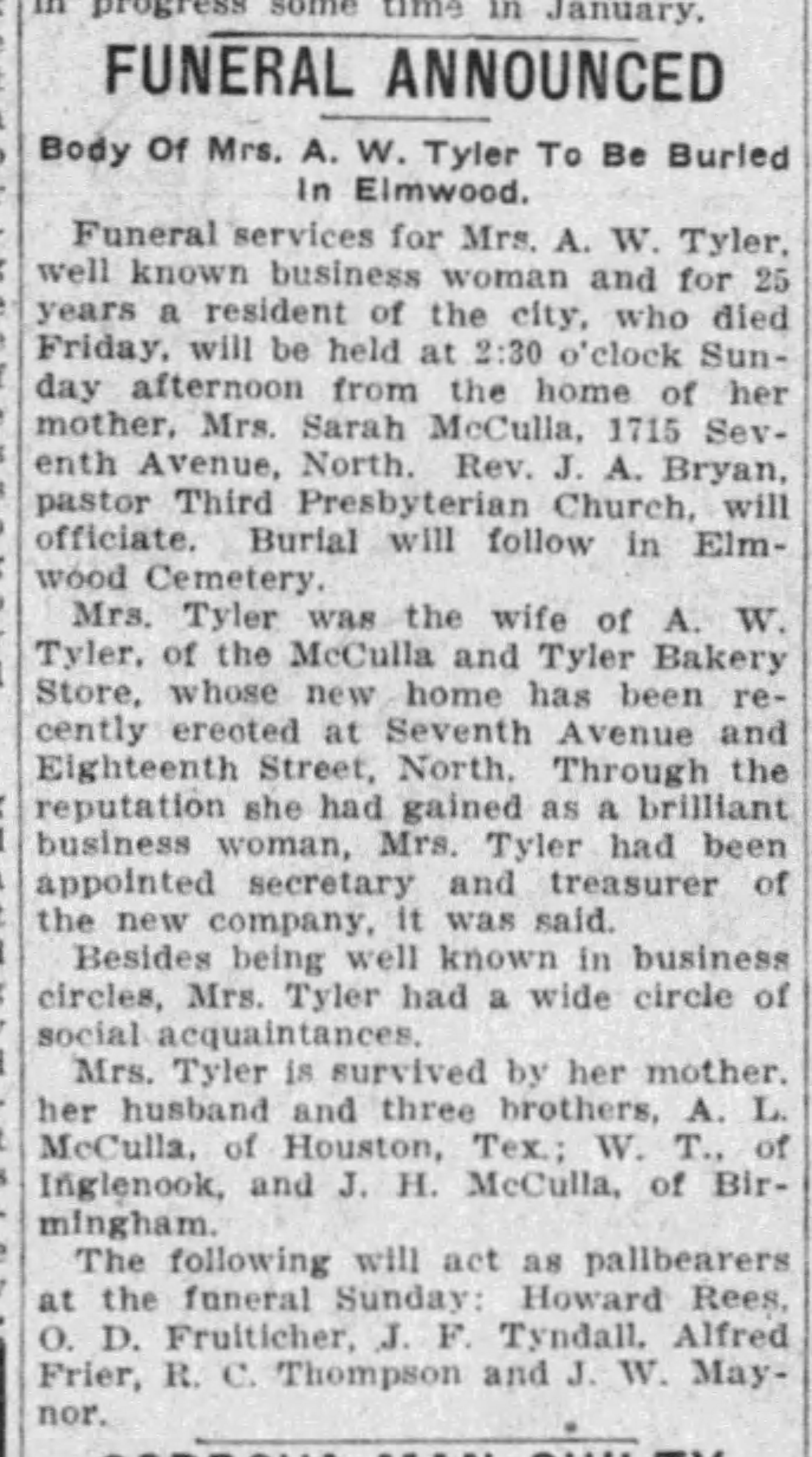 Funeral Announced Mrs. A.W. Tyler